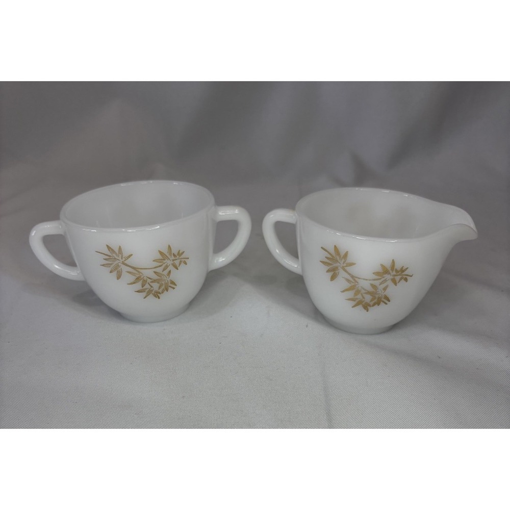 Vintage FEDERAL GLASS White Milk Golden Glory Sugar Bowl + Creamer Heat Proof